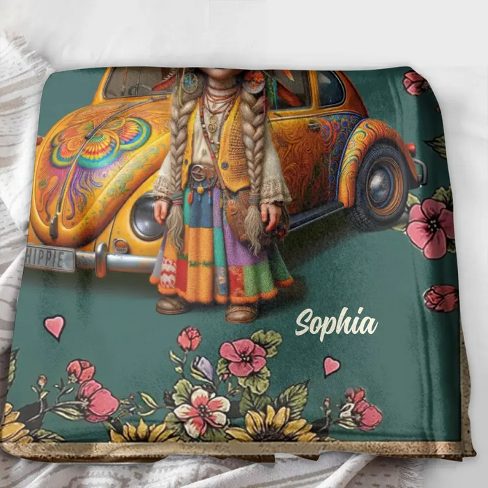 Personalized Hippie Girl Quilt/Fleece Throw Blanket - Holidays Vintage Inspirational Sublimation Gift Idea - Stay Trippy Little Hippie