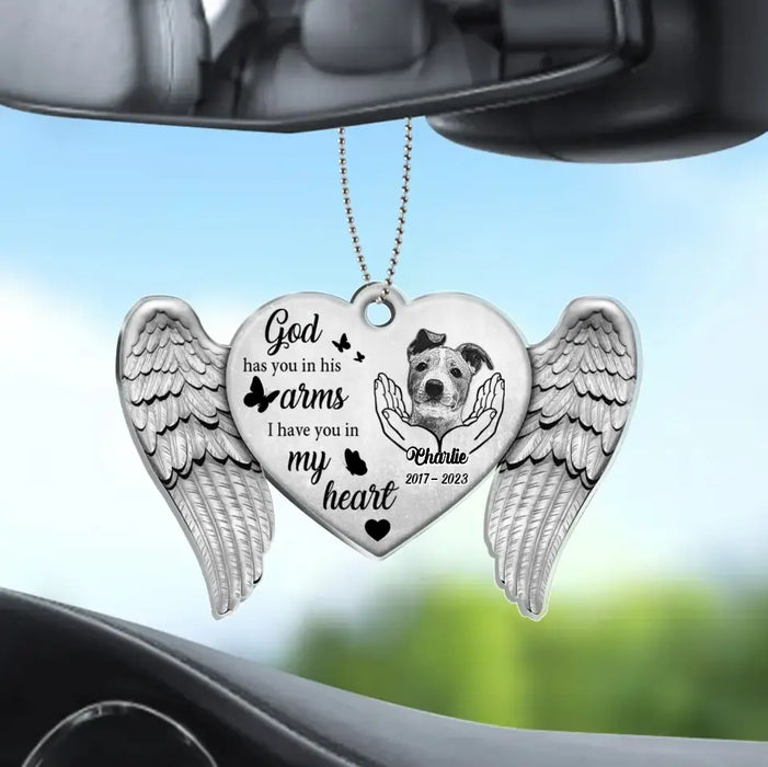 Personalized Memorial Dog Heart Wings Acrylic Car Ornament - Memorial Gift For Pet Lover - Upload Photo - God Has You In His Arms I Have You In My Heart