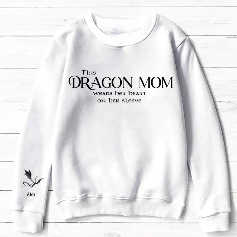Personalized Dragon Mom AOP Sweater - Up to 5 Kids - Mother's Day Gift Idea For Mom/Grandma - This Dragon Mom Wears Her Heart On Her Sleeve
