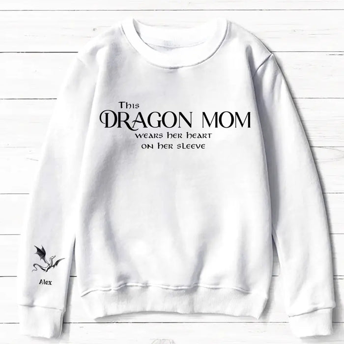 Personalized Dragon Mom AOP Sweater - Up to 5 Kids - Mother's Day Gift Idea For Mom/Grandma - This Dragon Mom Wears Her Heart On Her Sleeve