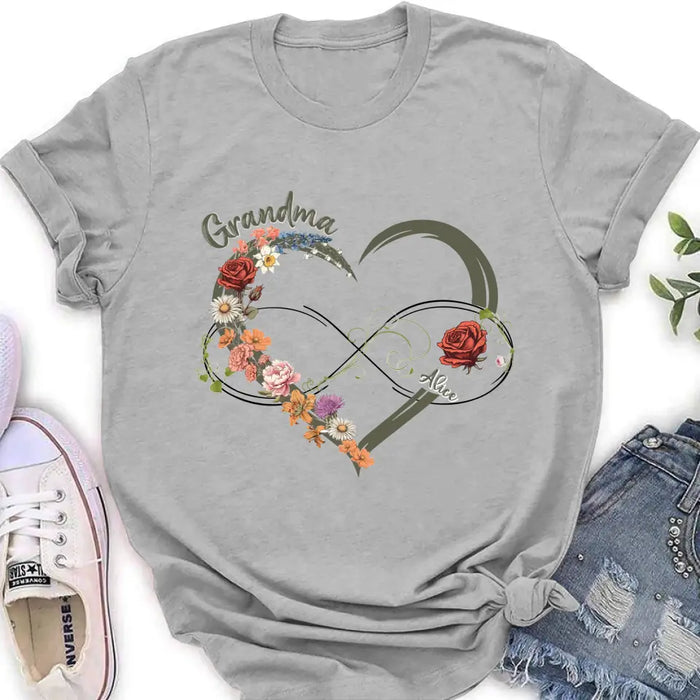 Personalized Floral Heart Grandma Mom Vintage Birth Month Flower Shirt/Hoodie - Up to 10 Kids - Mother's Day Gift Idea for Mom/Grandma