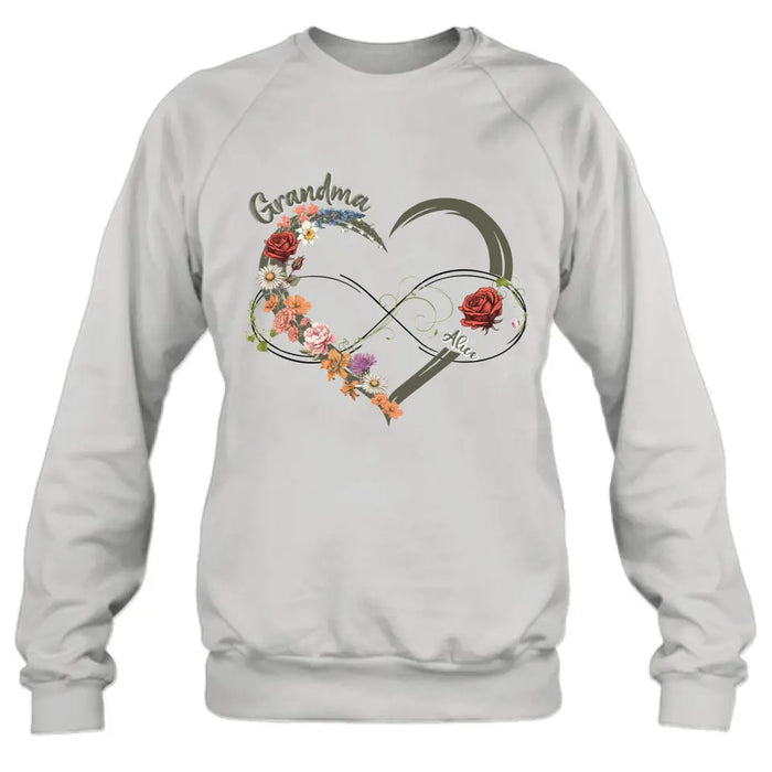 Personalized Floral Heart Grandma Mom Vintage Birth Month Flower Shirt/Hoodie - Up to 10 Kids - Mother's Day Gift Idea for Mom/Grandma