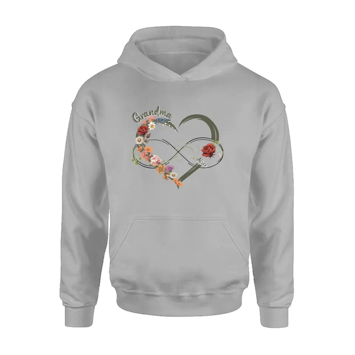 Personalized Floral Heart Grandma Mom Vintage Birth Month Flower Shirt/Hoodie - Up to 10 Kids - Mother's Day Gift Idea for Mom/Grandma