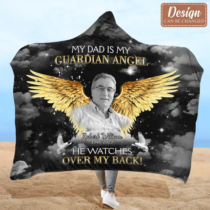Personalized Memorial Photo Hooded Blanket With Soft Fleece Lining - Memorial Gift Idea For Family Member - My Mom is My Guardian Angel She Watches Over My Back!