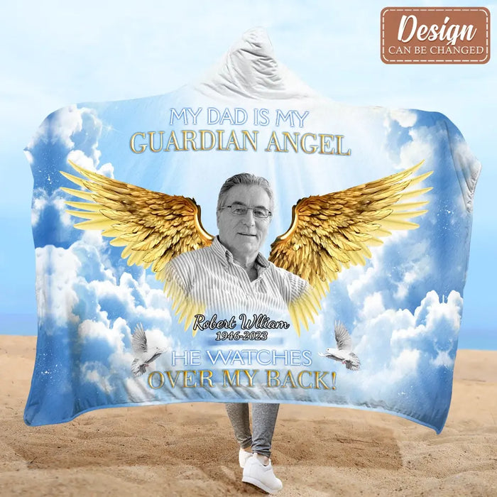 Personalized Memorial Photo Hooded Blanket With Soft Fleece Lining - Memorial Gift Idea For Family Member - My Mom is My Guardian Angel She Watches Over My Back!