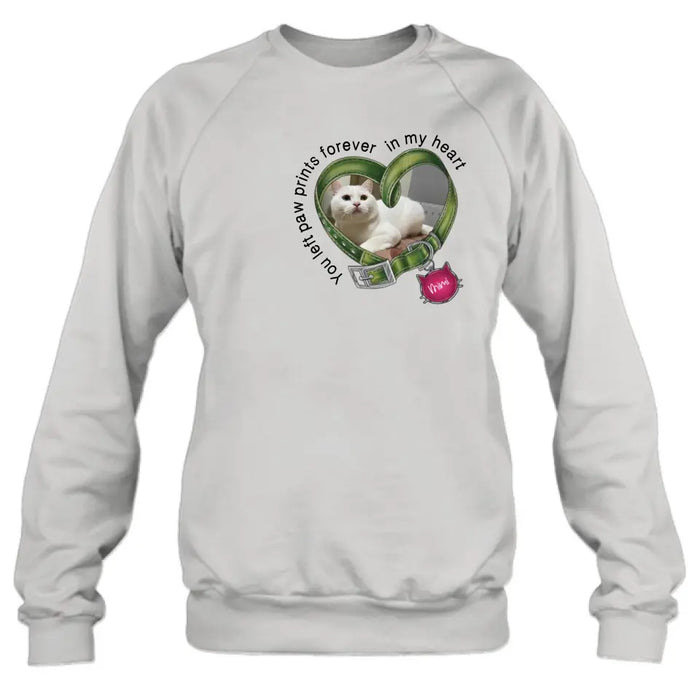 Personalized Memorial Cat Collar T-shirt/Hoodie - Upload Photo - Gift Idea For Cat Lover/Mother's Day/Father's Day - You Left Paw Prints Forever In My Heart