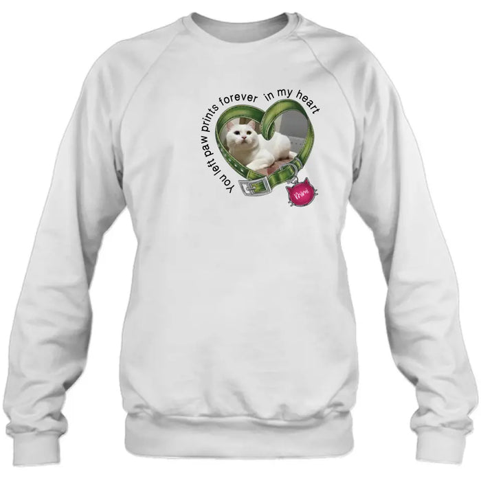 Personalized Memorial Cat Collar T-shirt/Hoodie - Upload Photo - Gift Idea For Cat Lover/Mother's Day/Father's Day - You Left Paw Prints Forever In My Heart