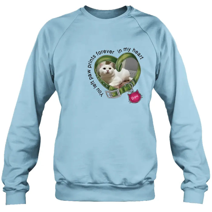Personalized Memorial Cat Collar T-shirt/Hoodie - Upload Photo - Gift Idea For Cat Lover/Mother's Day/Father's Day - You Left Paw Prints Forever In My Heart