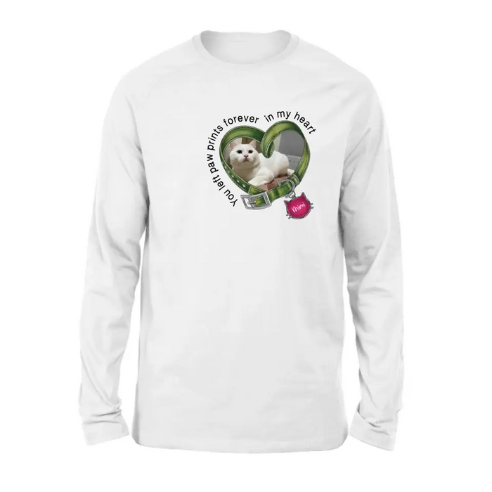 Personalized Memorial Cat Collar T-shirt/Hoodie - Upload Photo - Gift Idea For Cat Lover/Mother's Day/Father's Day - You Left Paw Prints Forever In My Heart