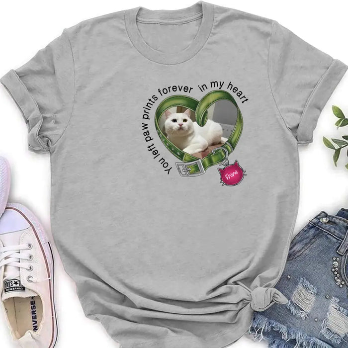 Personalized Memorial Cat Collar T-shirt/Hoodie - Upload Photo - Gift Idea For Cat Lover/Mother's Day/Father's Day - You Left Paw Prints Forever In My Heart