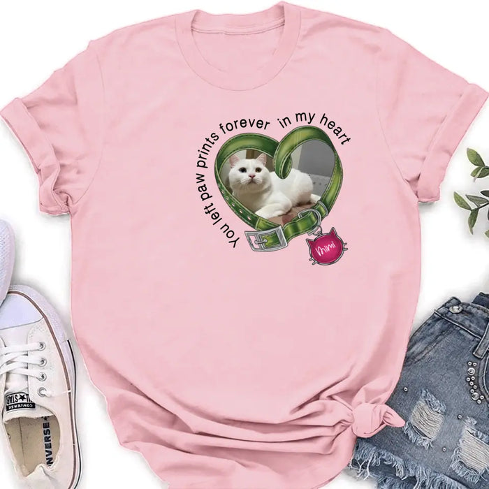 Personalized Memorial Cat Collar T-shirt/Hoodie - Upload Photo - Gift Idea For Cat Lover/Mother's Day/Father's Day - You Left Paw Prints Forever In My Heart