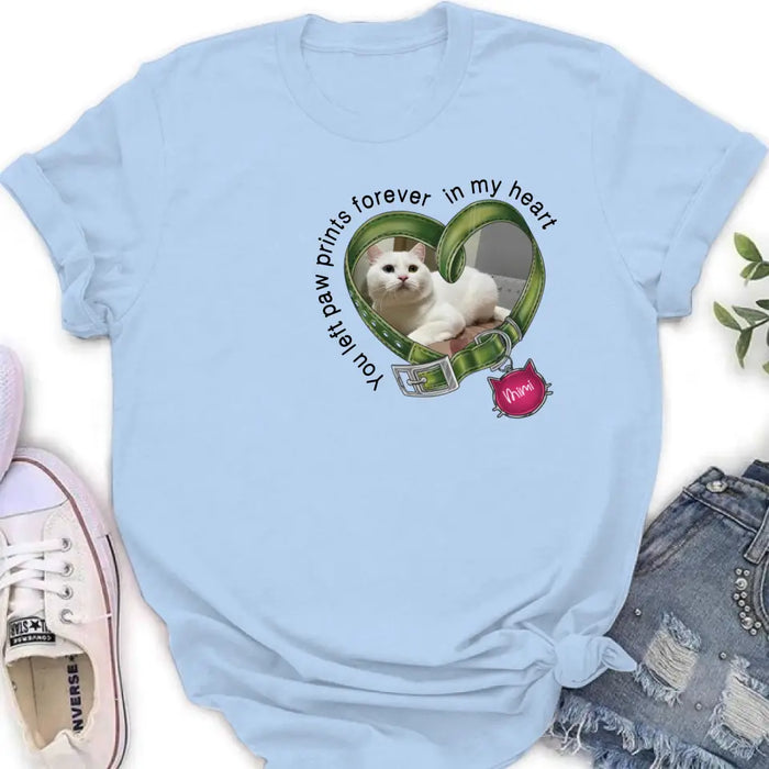 Personalized Memorial Cat Collar T-shirt/Hoodie - Upload Photo - Gift Idea For Cat Lover/Mother's Day/Father's Day - You Left Paw Prints Forever In My Heart