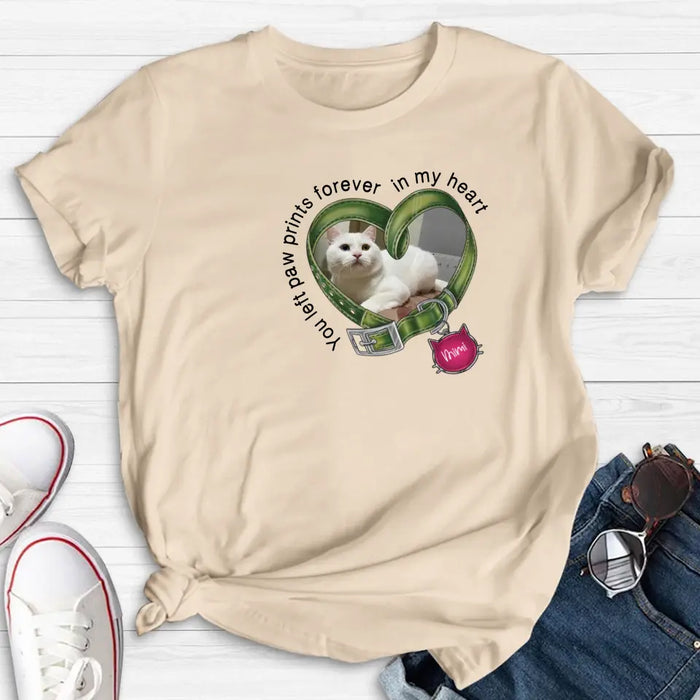 Personalized Memorial Cat Collar T-shirt/Hoodie - Upload Photo - Gift Idea For Cat Lover/Mother's Day/Father's Day - You Left Paw Prints Forever In My Heart