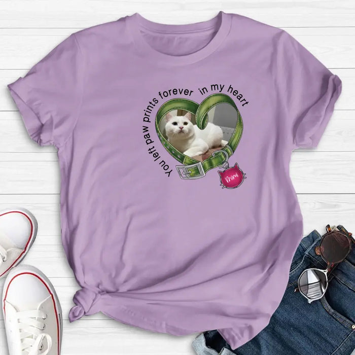 Personalized Memorial Cat Collar T-shirt/Hoodie - Upload Photo - Gift Idea For Cat Lover/Mother's Day/Father's Day - You Left Paw Prints Forever In My Heart