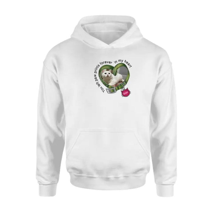 Personalized Memorial Cat Collar T-shirt/Hoodie - Upload Photo - Gift Idea For Cat Lover/Mother's Day/Father's Day - You Left Paw Prints Forever In My Heart