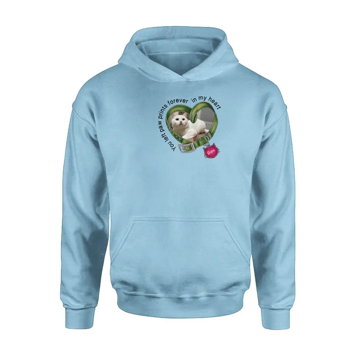 Personalized Memorial Cat Collar T-shirt/Hoodie - Upload Photo - Gift Idea For Cat Lover/Mother's Day/Father's Day - You Left Paw Prints Forever In My Heart