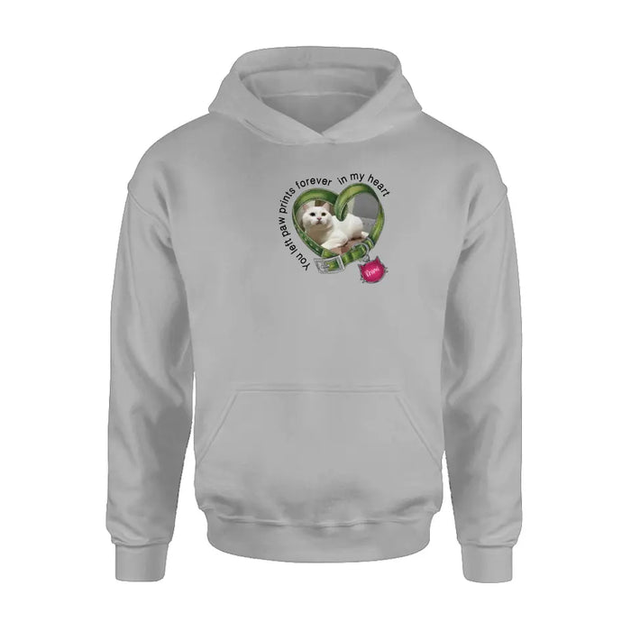 Personalized Memorial Cat Collar T-shirt/Hoodie - Upload Photo - Gift Idea For Cat Lover/Mother's Day/Father's Day - You Left Paw Prints Forever In My Heart