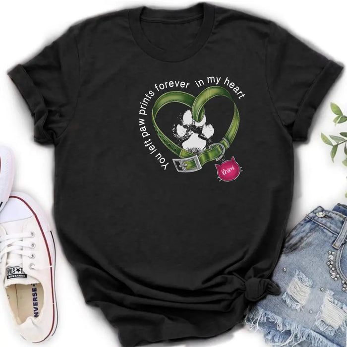 Personalized Cat Collar Pawprints T-shirt/Hoodie - Memorial Gift Idea For Cat Lover/Mother's Day/Father's Day - You Left Paw Prints Forever In My Heart