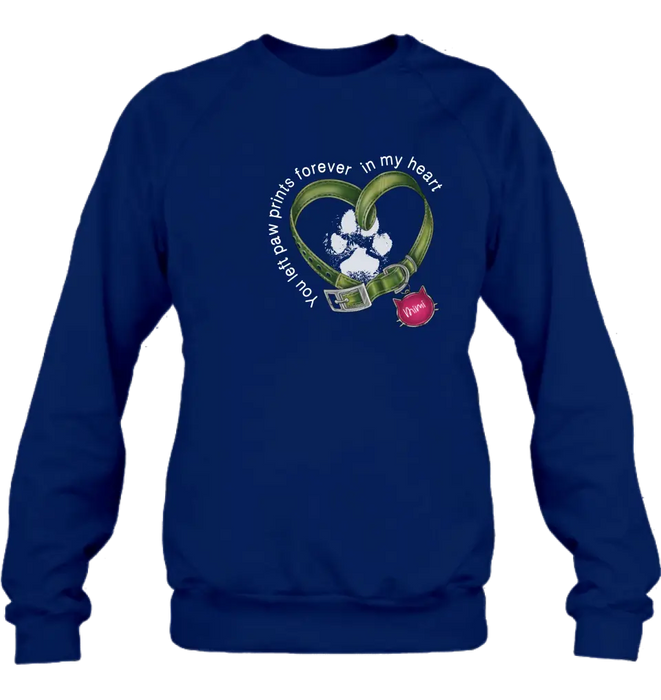 Personalized Cat Collar Pawprints T-shirt/Hoodie - Memorial Gift Idea For Cat Lover/Mother's Day/Father's Day - You Left Paw Prints Forever In My Heart