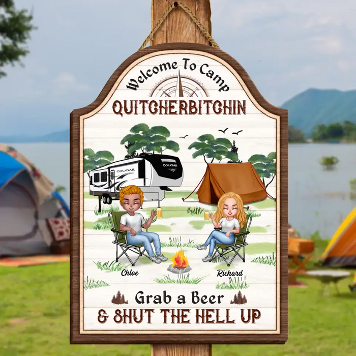Personalized Camping Wooden Sign - Best Gift For Camping Lovers/Friends - Up to 7 Friends - Welcome To Camp Quitcherbitchin