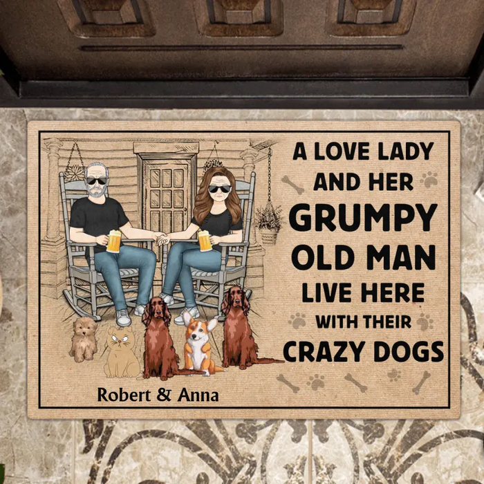 Personalized Couple With Pets Doormat - Gift Idea For Mother's Day/Father's Day - Up to 5 Pets - A Lovely Lady And Her Grumpy Old Man Live Here With Their Crazy Dogs