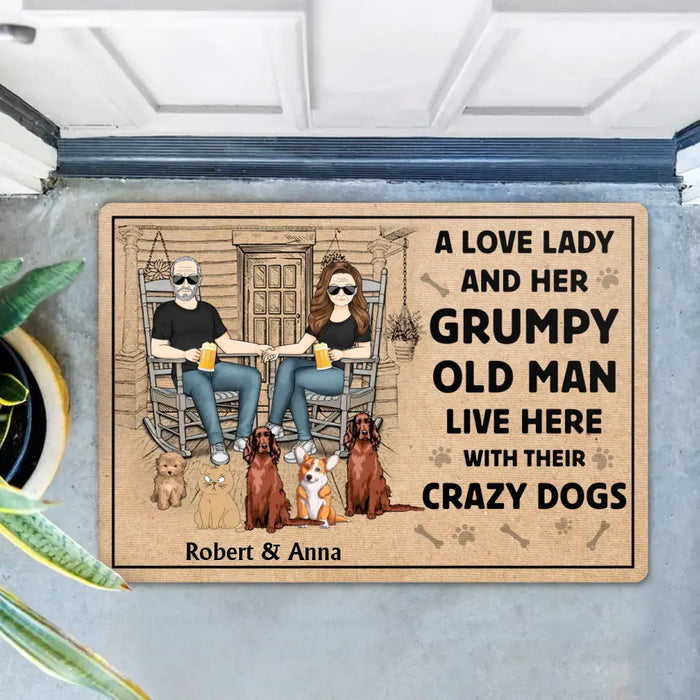 Personalized Couple With Pets Doormat - Gift Idea For Mother's Day/Father's Day - Up to 5 Pets - A Lovely Lady And Her Grumpy Old Man Live Here With Their Crazy Dogs
