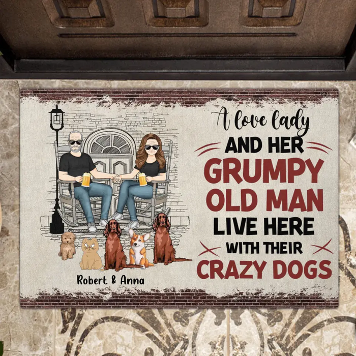 Personalized Couple With Pets Doormat - Gift Idea For Mother's Day/Father's Day/Pet Lovers - Up to 5 Pets - A Lovely Lady And Her Grumpy Old Man Live Here