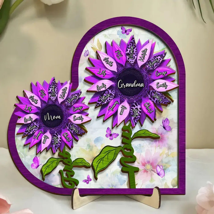Personalized First Mom Now Grandma Leopard Sunflower 2 Layered Wooden Art - Up to 15 Kids And 15 Grandkids - Mother's Day Gift Idea For Grandma/Mom