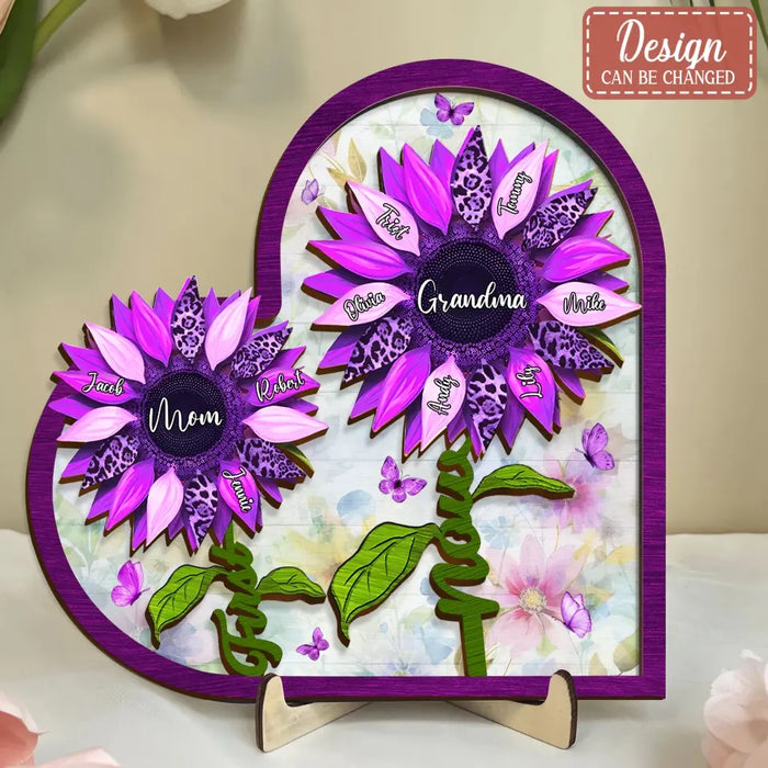 Personalized First Mom Now Grandma Leopard Sunflower 2 Layered Wooden Art - Up to 15 Kids And 15 Grandkids - Mother's Day Gift Idea For Grandma/Mom