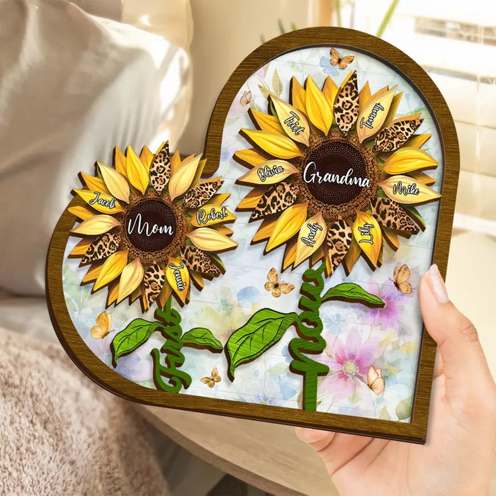 Personalized First Mom Now Grandma Sunflower 2 Layered Wooden Art - Up to 15 Kids And 15 Grandkids - Mother's Day Gift Idea For Grandma/Mom
