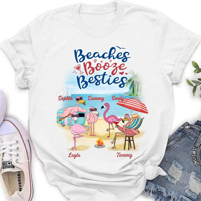 Personalized Beach Besties Shirt/Hoodie - Gift Idea For Besties/Friends/Beach Lovers - Up to 5 Flamingos  - Beaches Booze Besties