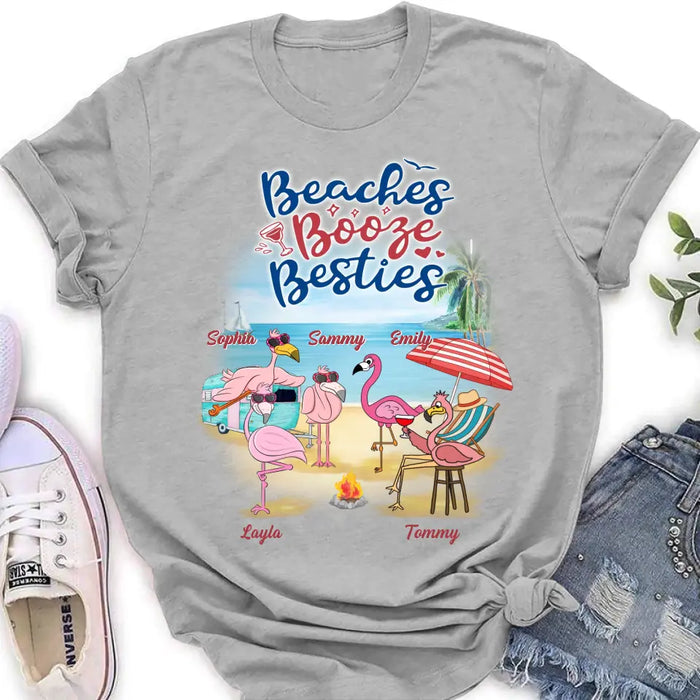 Personalized Beach Besties Shirt/Hoodie - Gift Idea For Besties/Friends/Beach Lovers - Up to 5 Flamingos  - Beaches Booze Besties