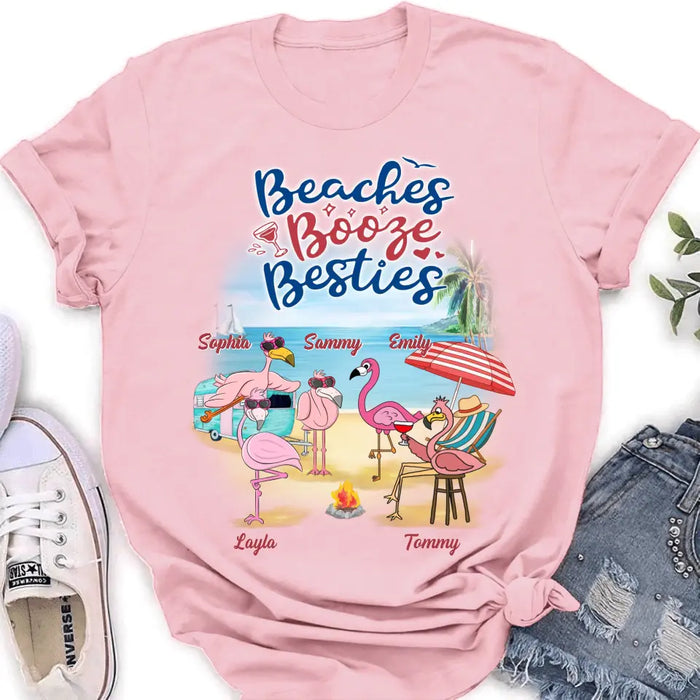 Personalized Beach Besties Shirt/Hoodie - Gift Idea For Besties/Friends/Beach Lovers - Up to 5 Flamingos  - Beaches Booze Besties