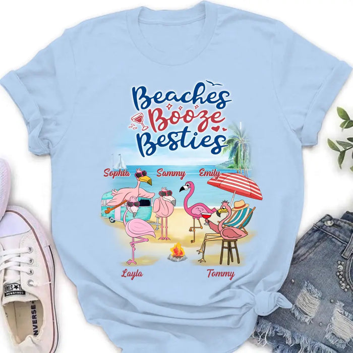 Personalized Beach Besties Shirt/Hoodie - Gift Idea For Besties/Friends/Beach Lovers - Up to 5 Flamingos  - Beaches Booze Besties