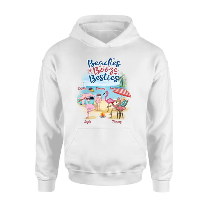 Personalized Beach Besties Shirt/Hoodie - Gift Idea For Besties/Friends/Beach Lovers - Up to 5 Flamingos  - Beaches Booze Besties