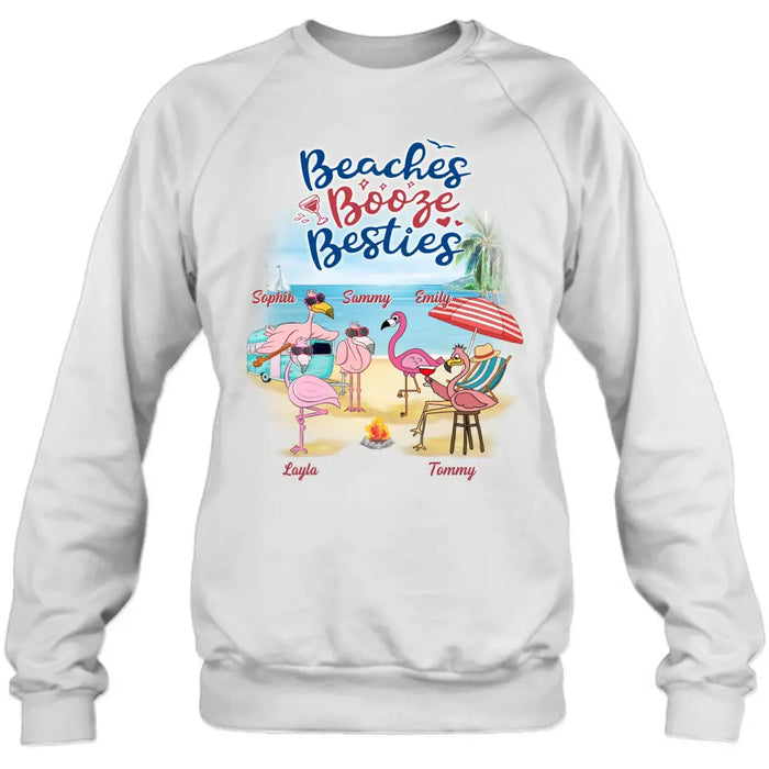 Personalized Beach Besties Shirt/Hoodie - Gift Idea For Besties/Friends/Beach Lovers - Up to 5 Flamingos  - Beaches Booze Besties