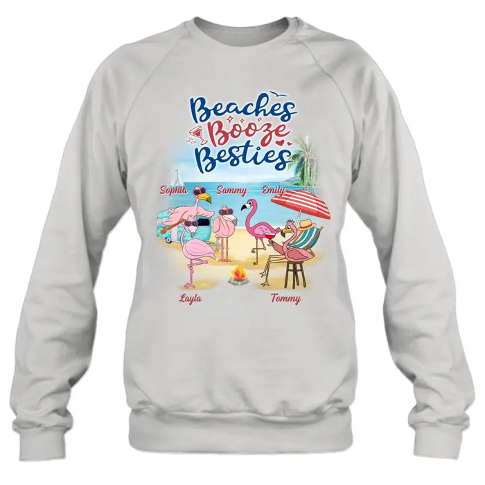 Personalized Beach Besties Shirt/Hoodie - Gift Idea For Besties/Friends/Beach Lovers - Up to 5 Flamingos  - Beaches Booze Besties