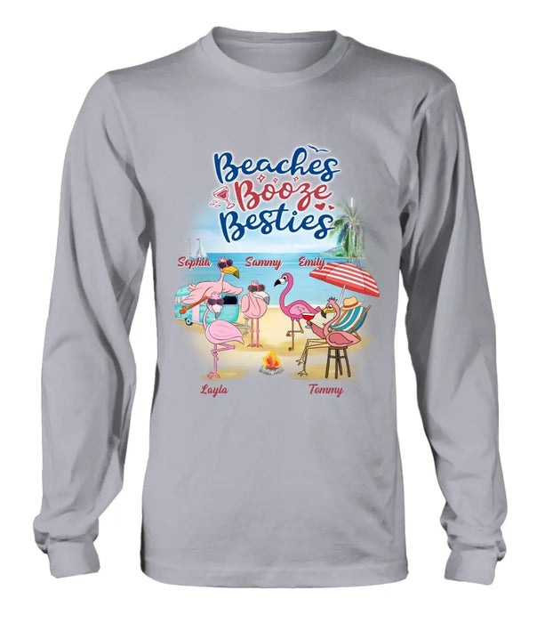 Personalized Beach Besties Shirt/Hoodie - Gift Idea For Besties/Friends/Beach Lovers - Up to 5 Flamingos  - Beaches Booze Besties