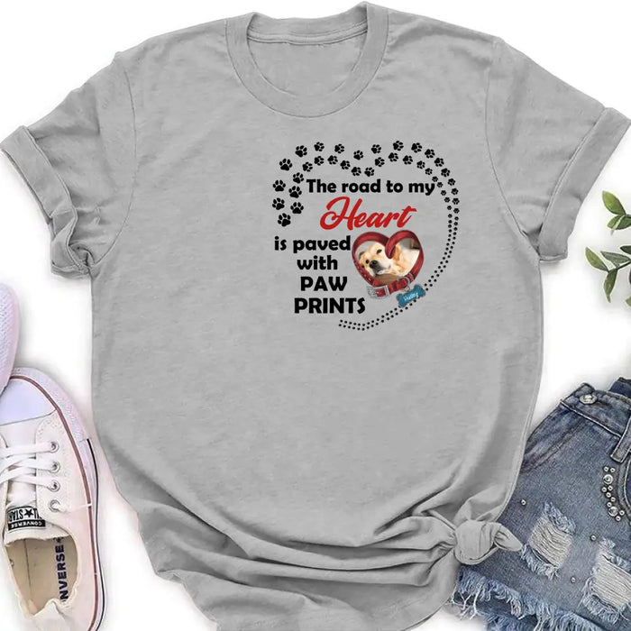 Personalized Dog Collar Shirt/Hoodie - Upload Photo - Memorial Gift Idea For Dog Lover/Mother's Day/Father's Day - The Road To My Heart Is Paved With Paw Prints