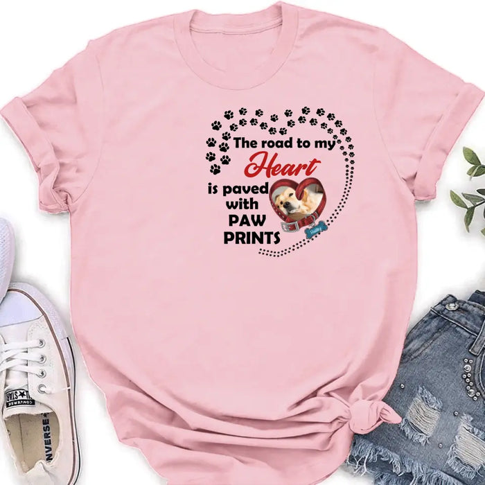 Personalized Dog Collar Shirt/Hoodie - Upload Photo - Memorial Gift Idea For Dog Lover/Mother's Day/Father's Day - The Road To My Heart Is Paved With Paw Prints
