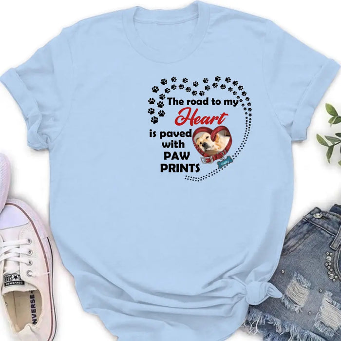Personalized Dog Collar Shirt/Hoodie - Upload Photo - Memorial Gift Idea For Dog Lover/Mother's Day/Father's Day - The Road To My Heart Is Paved With Paw Prints