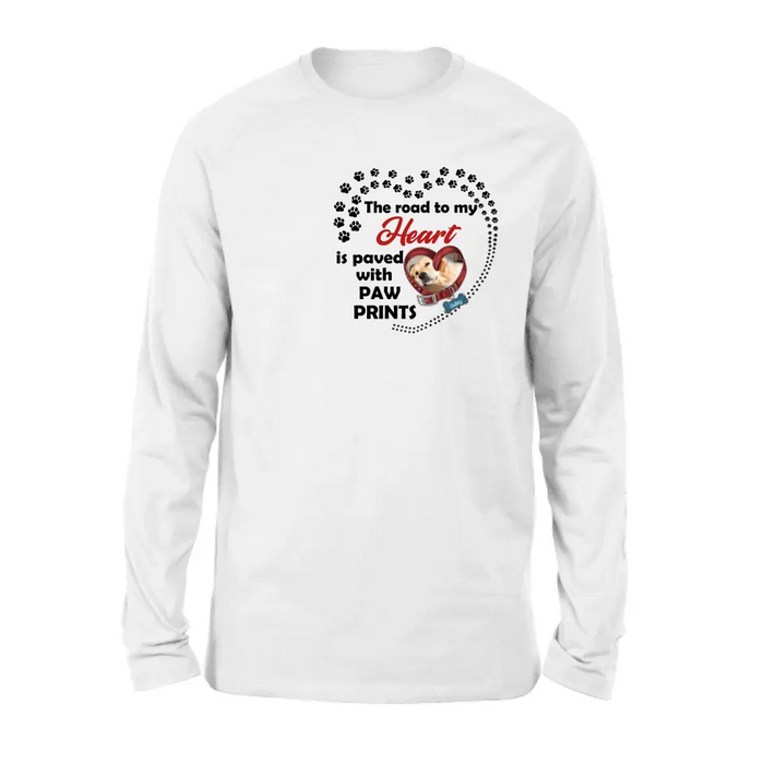 Personalized Dog Collar Shirt/Hoodie - Upload Photo - Memorial Gift Idea For Dog Lover/Mother's Day/Father's Day - The Road To My Heart Is Paved With Paw Prints
