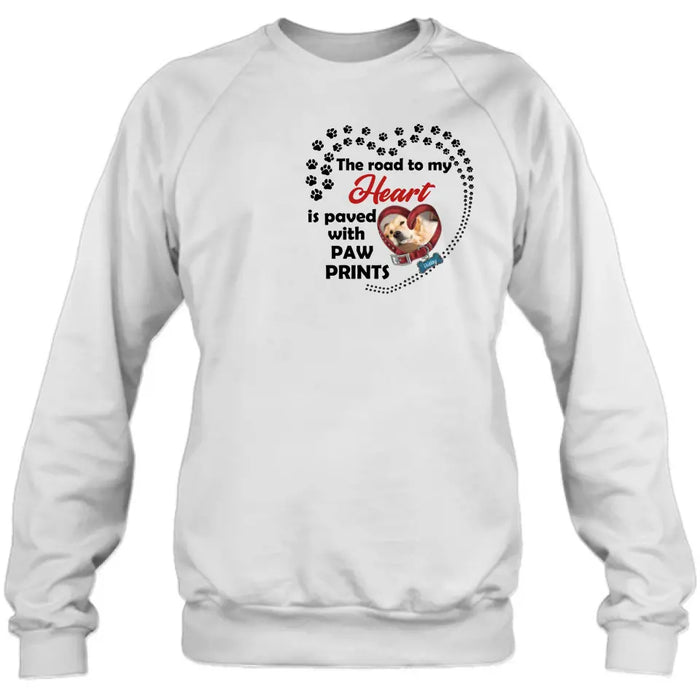 Personalized Dog Collar Shirt/Hoodie - Upload Photo - Memorial Gift Idea For Dog Lover/Mother's Day/Father's Day - The Road To My Heart Is Paved With Paw Prints