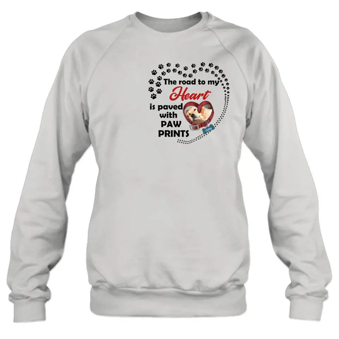 Personalized Dog Collar Shirt/Hoodie - Upload Photo - Memorial Gift Idea For Dog Lover/Mother's Day/Father's Day - The Road To My Heart Is Paved With Paw Prints