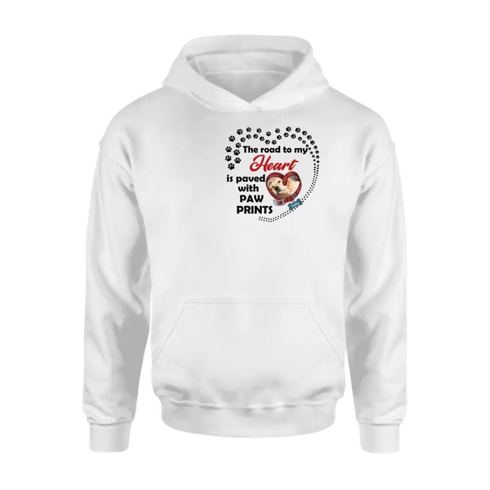Personalized Dog Collar Shirt/Hoodie - Upload Photo - Memorial Gift Idea For Dog Lover/Mother's Day/Father's Day - The Road To My Heart Is Paved With Paw Prints