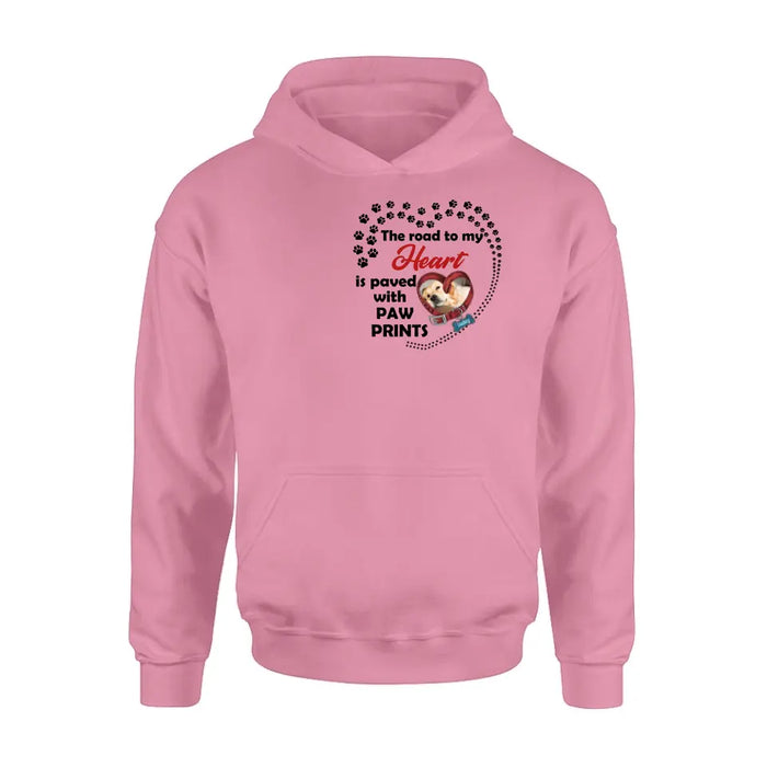 Personalized Dog Collar Shirt/Hoodie - Upload Photo - Memorial Gift Idea For Dog Lover/Mother's Day/Father's Day - The Road To My Heart Is Paved With Paw Prints