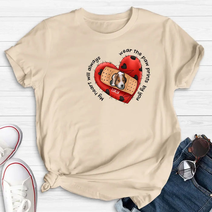 Personalized Memorial Shirt/Hoodie - Upload Dog Photo - Memorial Gift Idea For Dog Owner - My Heart Will Always Wear The Paw Prints By You