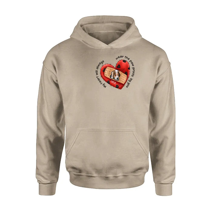 Personalized Memorial Shirt/Hoodie - Upload Dog Photo - Memorial Gift Idea For Dog Owner - My Heart Will Always Wear The Paw Prints By You