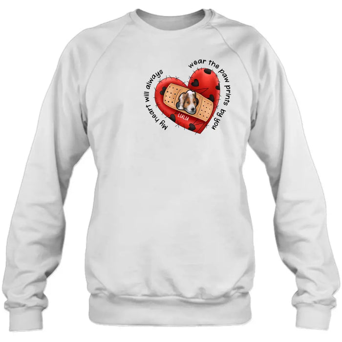 Personalized Memorial Shirt/Hoodie - Upload Dog Photo - Memorial Gift Idea For Dog Owner - My Heart Will Always Wear The Paw Prints By You