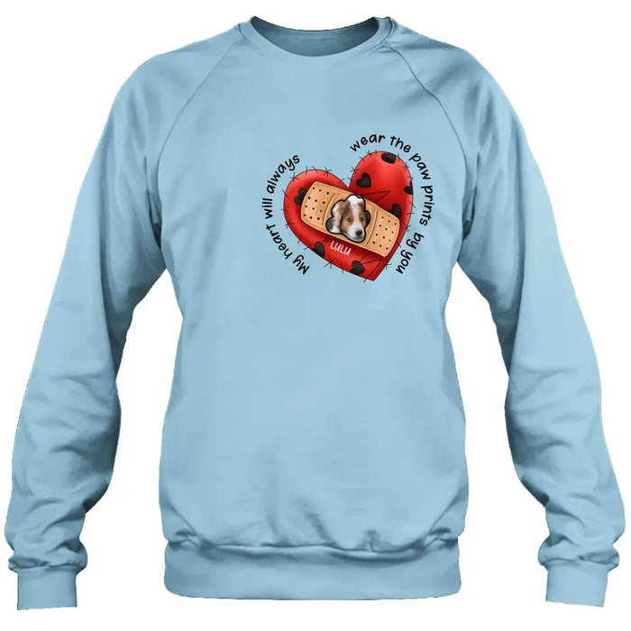 Personalized Memorial Shirt/Hoodie - Upload Dog Photo - Memorial Gift Idea For Dog Owner - My Heart Will Always Wear The Paw Prints By You